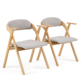 HAOYYE 2PCS Wooden Folding Chairs with Padded PU Leather Seats and Armrests, Portable Foldable Beechwood Frame Chairs for Dining Kitchen Office Wedding Party Picnic, Natural Frame with Light Gray Cushion